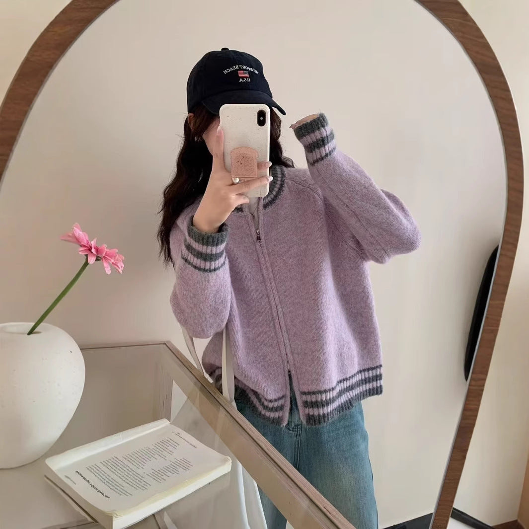 Real shot of color-blocked design round neck double zipper sweater cardigan for women in autumn and winter with a retro atmosphere knitted jacket